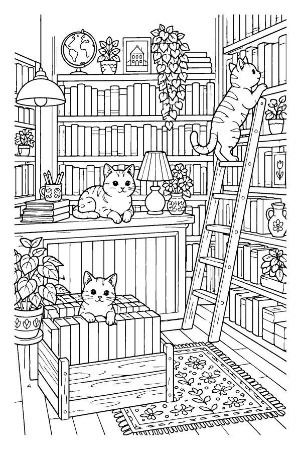 Coloriage détaillé de chats dans une librairie
