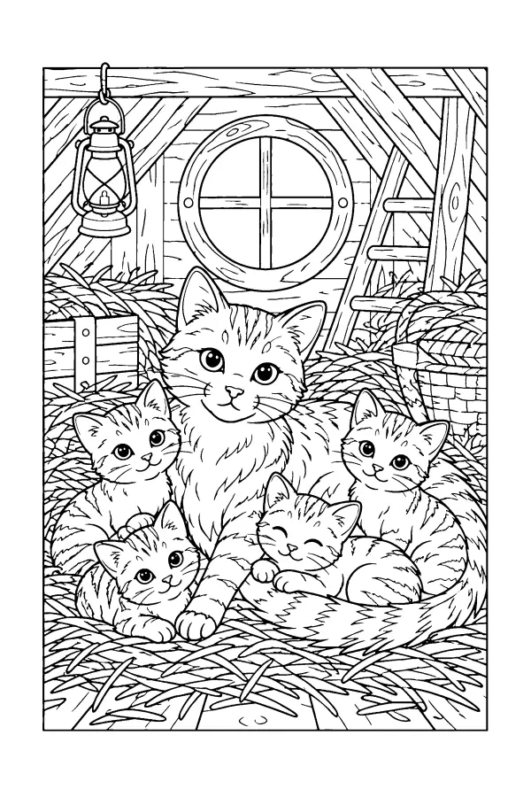 Dessin à colorier de chats dans un grenier à foin