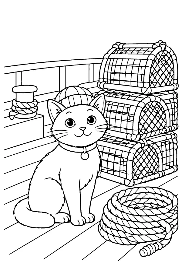 Coloriage d’un chat sur le pont d’un bateau de pêche