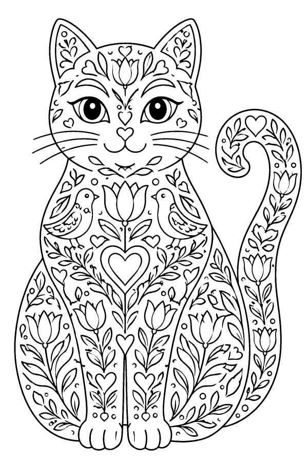 Coloriage détaillé d’un chat aux motifs d’art populaire