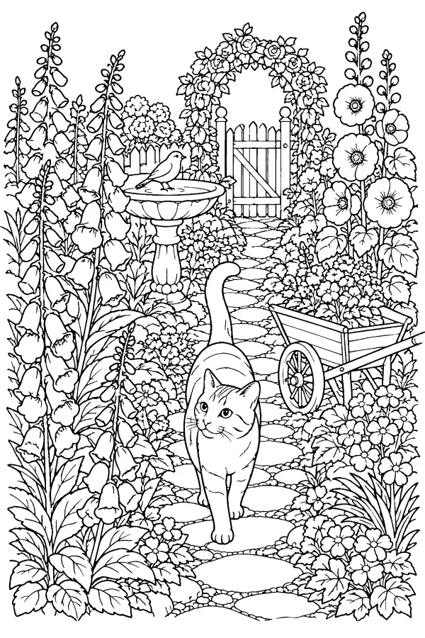 Coloriage détaillé d’un chat dans un jardin de cottage