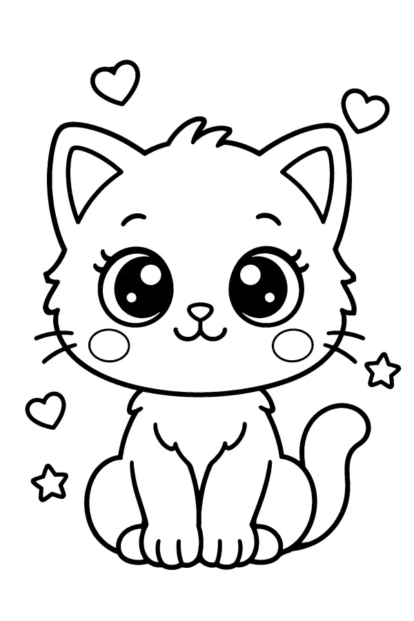 Coloriage facile d’un chaton aux grands yeux avec des cœurs