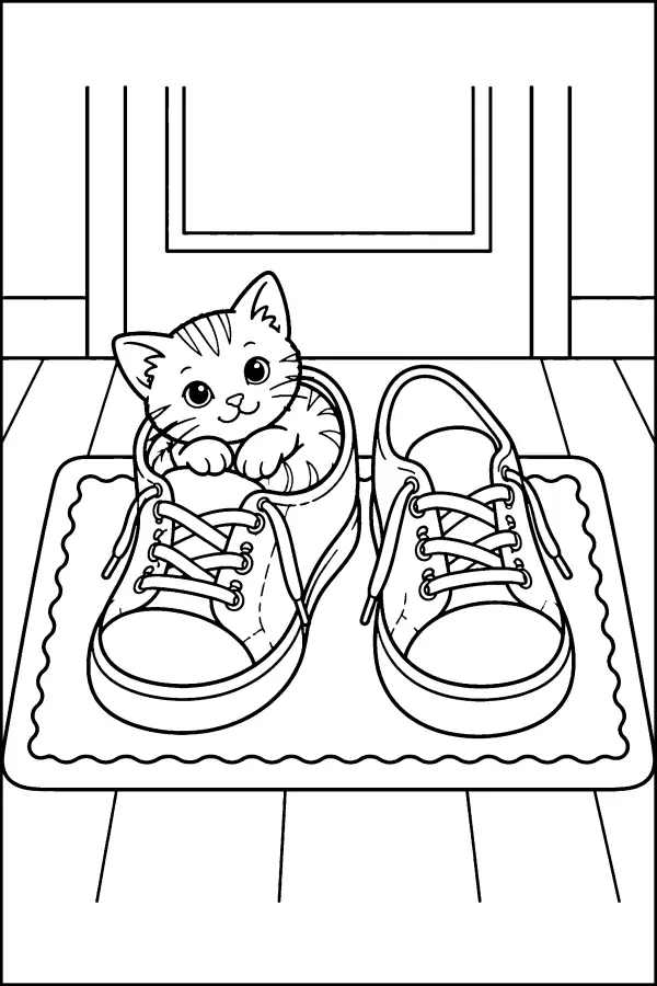 Coloriage d’un chaton blotti dans une chaussure