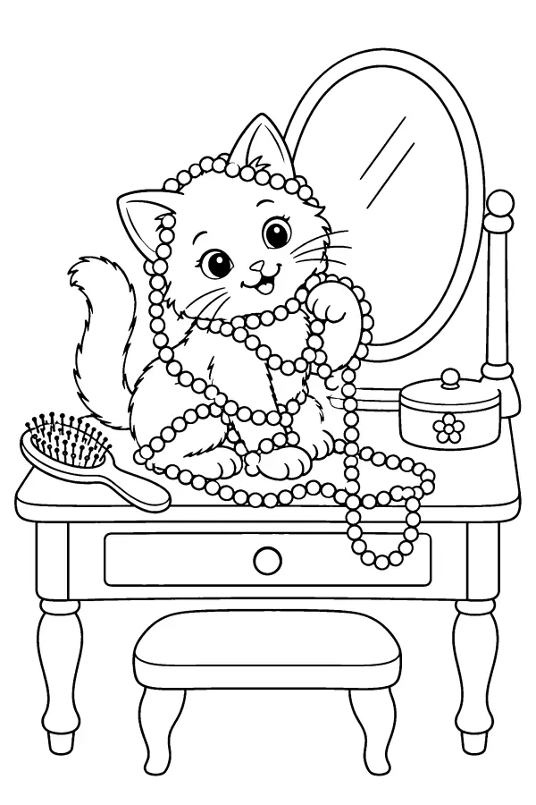 Dessin à colorier d’un chaton sur une coiffeuse