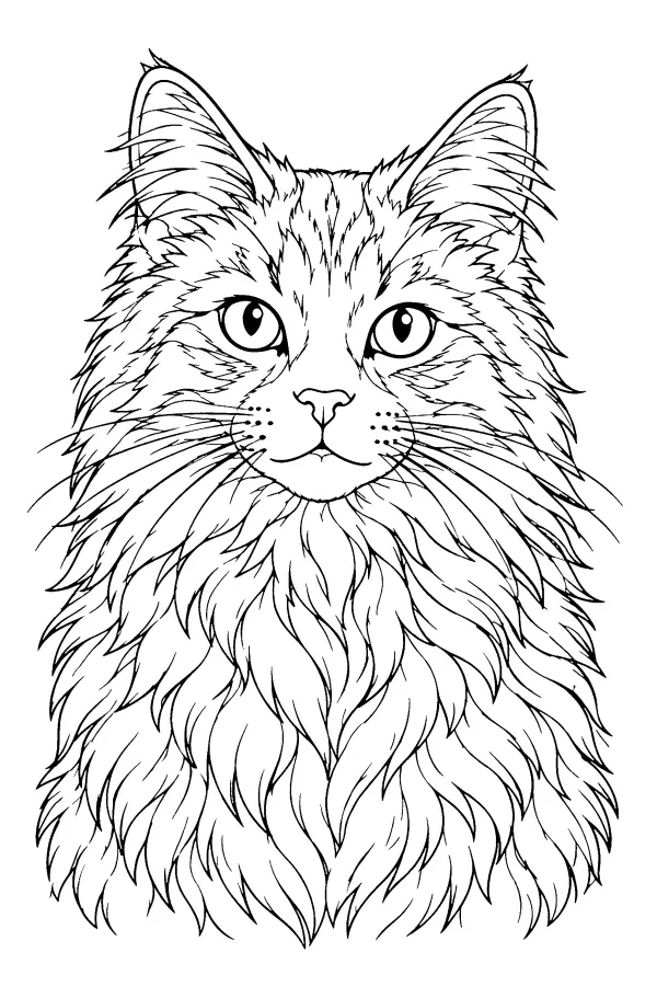 Coloriage détaillé d’un portrait de chat à poil long