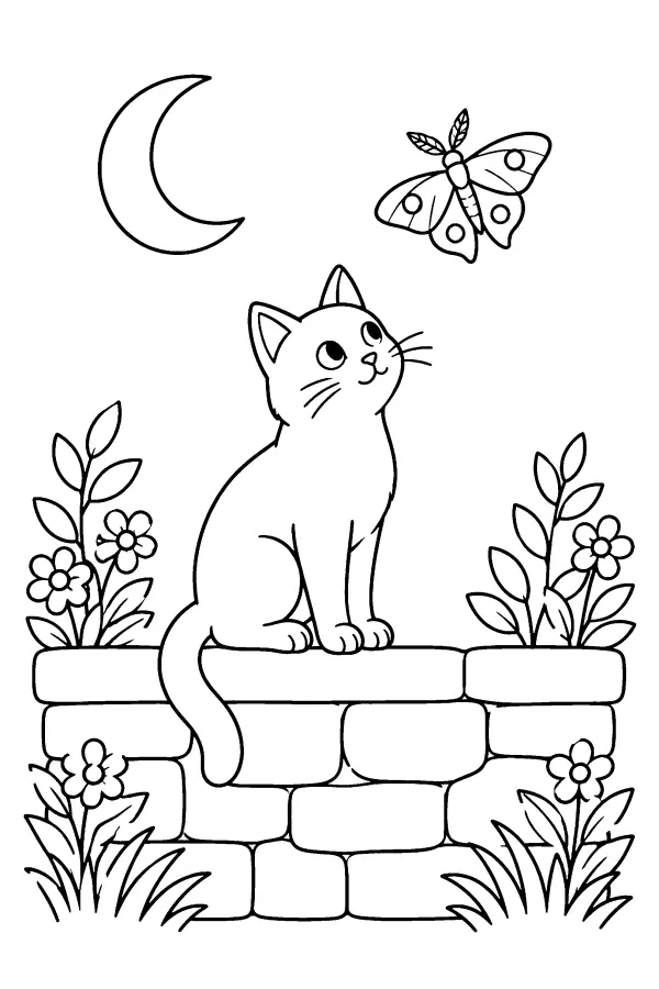 Coloriage d’un chat sur un muret au clair de lune