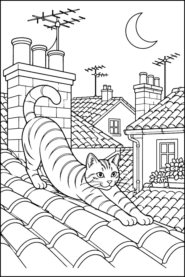 Coloriage détaillé d’un chat sur des toits au clair de lune