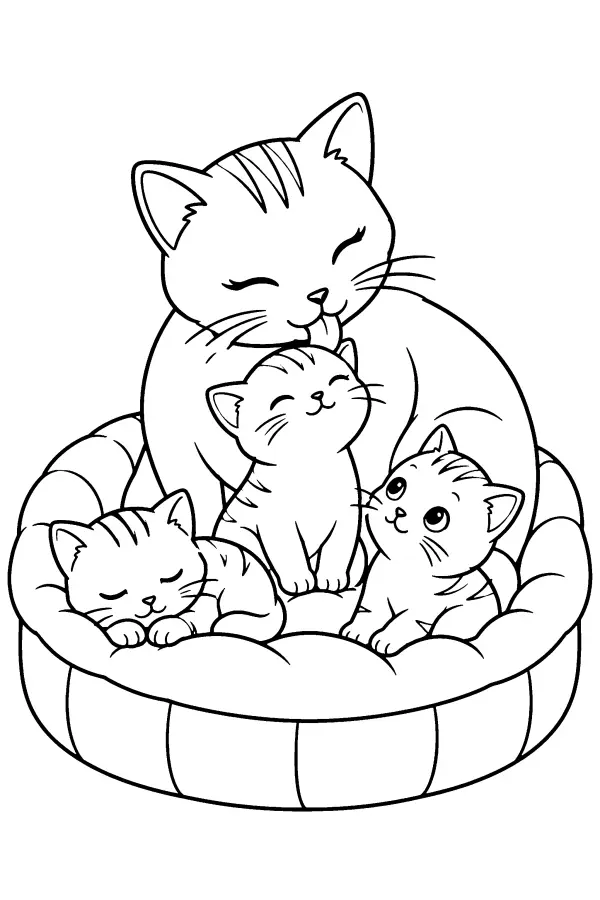 Dessin à colorier d’une chatte toilettant ses chatons