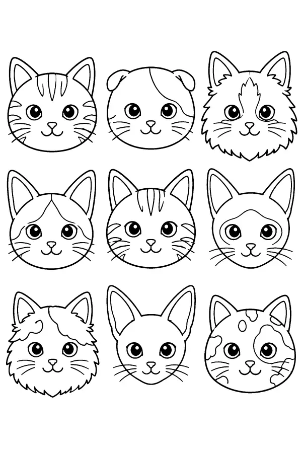 Coloriage de neuf têtes de chats en grille