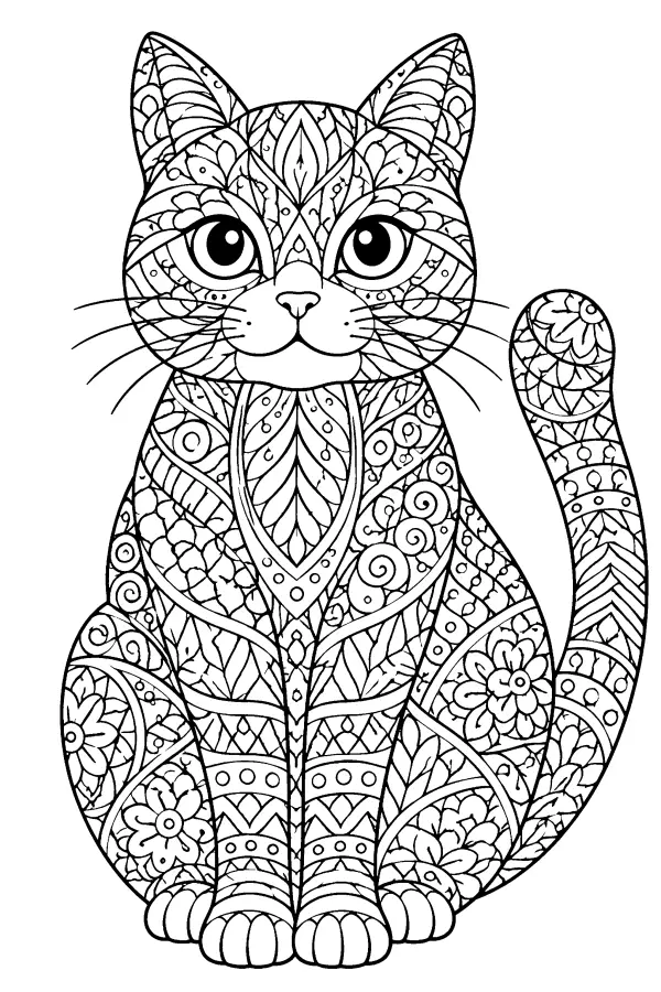 Coloriage détaillé d’un portrait de chat rempli de motifs