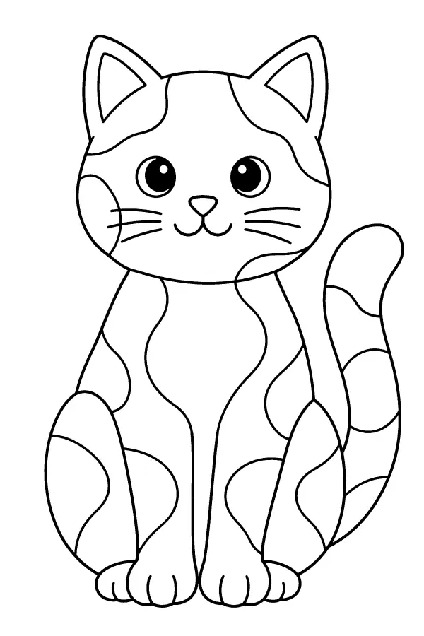 Coloriage d’un chat assis avec des zones à motifs