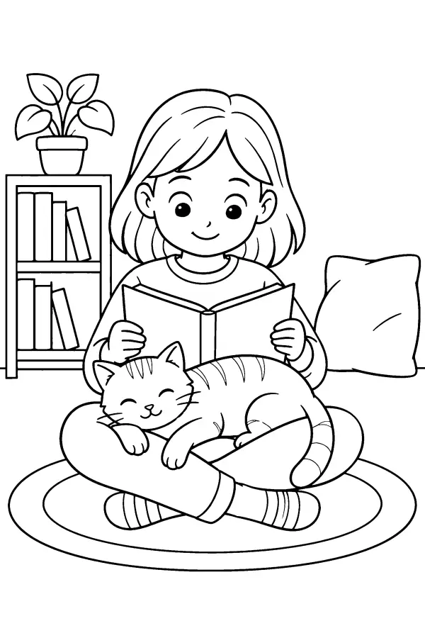 Coloriage d’un enfant lisant avec un chat sur les genoux