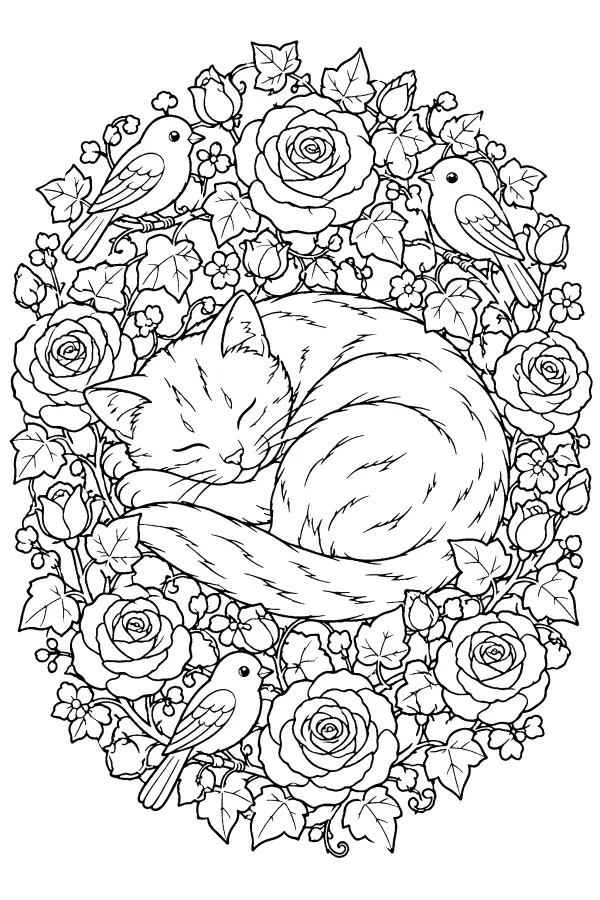 Dessin à colorier d’un chat endormi dans une couronne