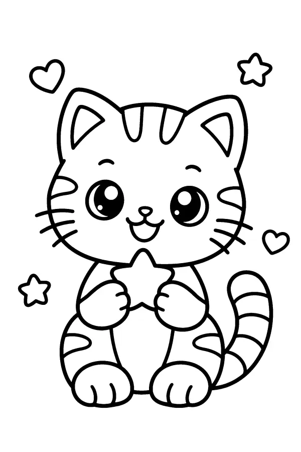 Dessin à colorier d’un chaton tigré tenant une étoile