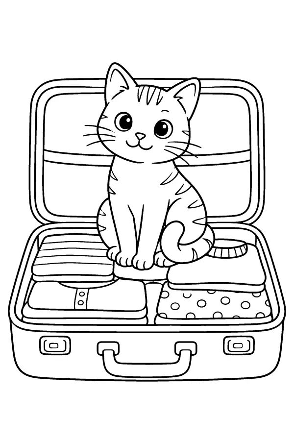 Coloriage d’un chat assis dans une valise ouverte