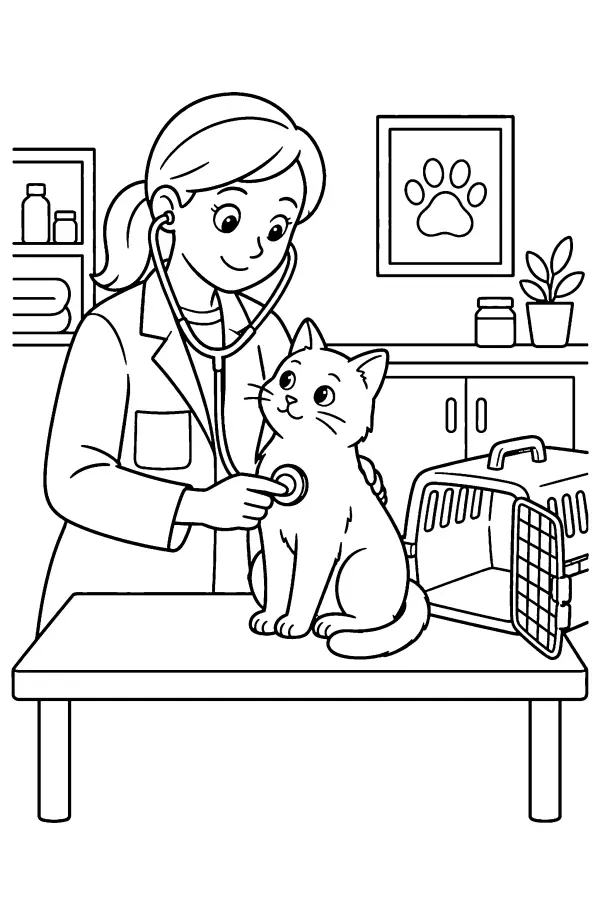 Dessin à colorier d’un vétérinaire examinant un chat