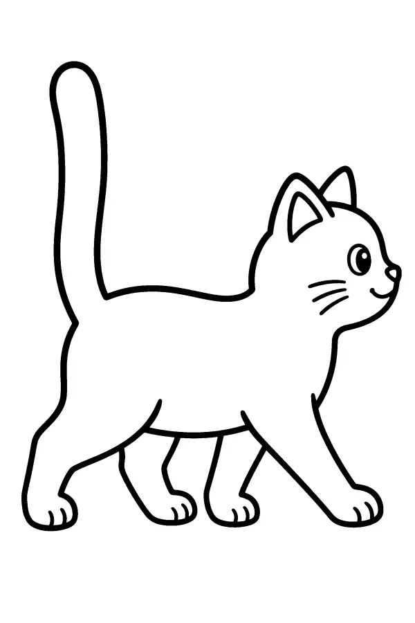 Coloriage d’un chat marchant de profil, queue levée