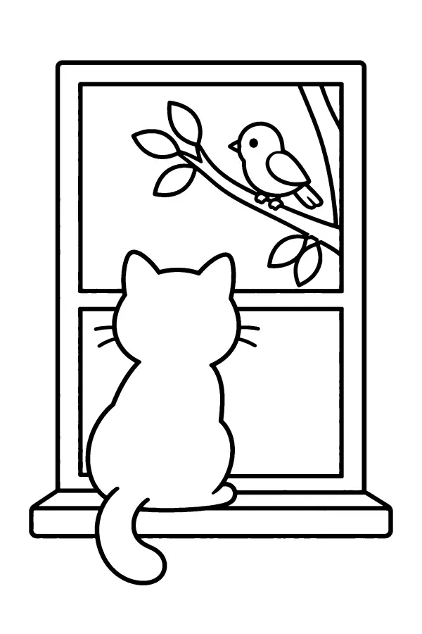 Coloriage d’un chat à la fenêtre regardant un oiseau