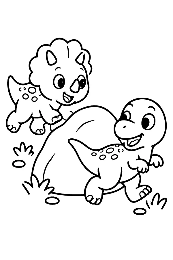 Dessin à colorier de bébés dinosaures autour d’un rocher