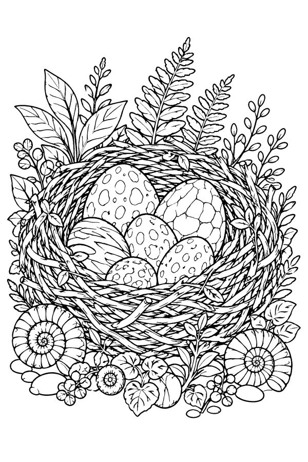 Coloriage détaillé d’un nid d’œufs de dinosaure