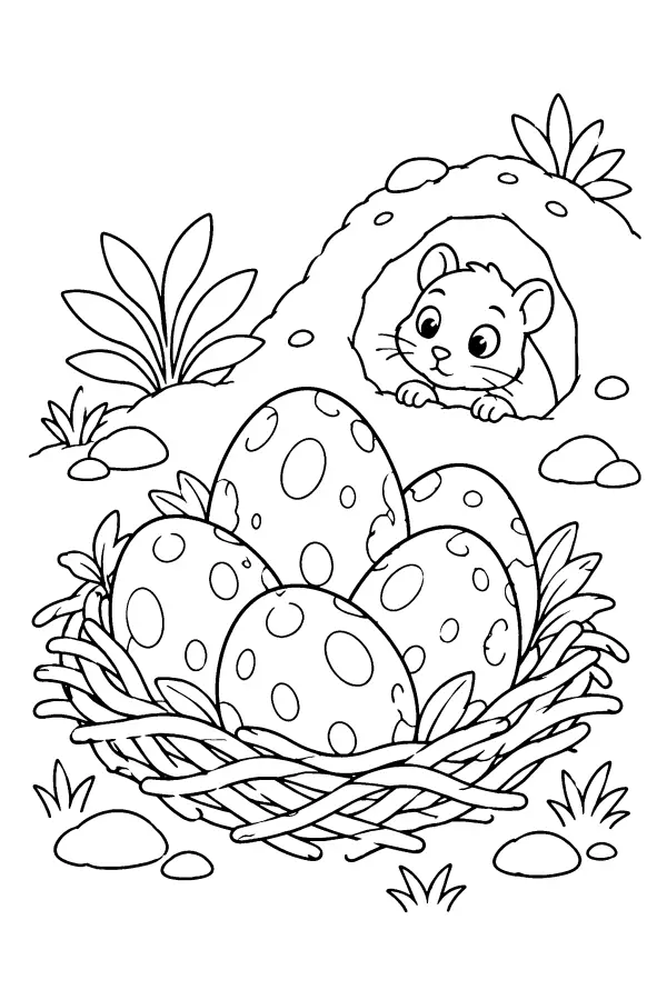 Coloriage d’un nid d’œufs de dinosaure près d’un terrier