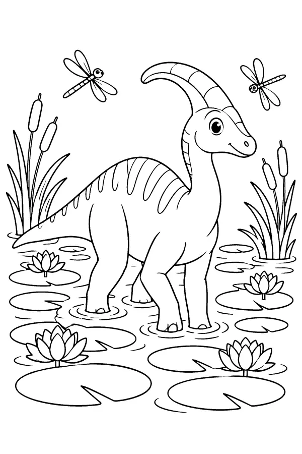 Coloriage d’un dinosaure à crête dans un marais