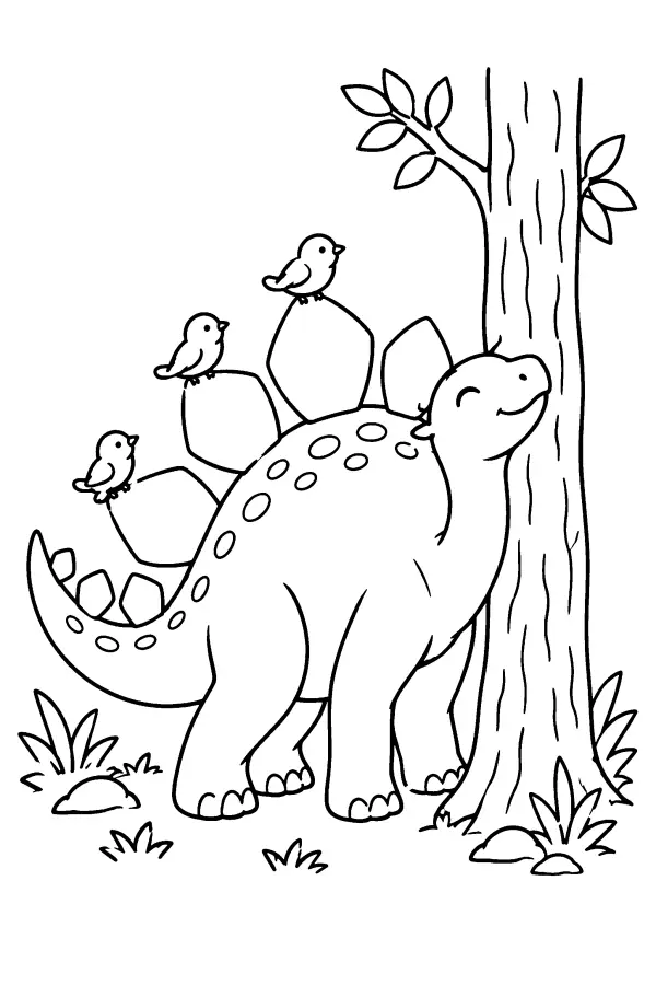 Coloriage de dinosaure à plaques se grattant contre un arbre
