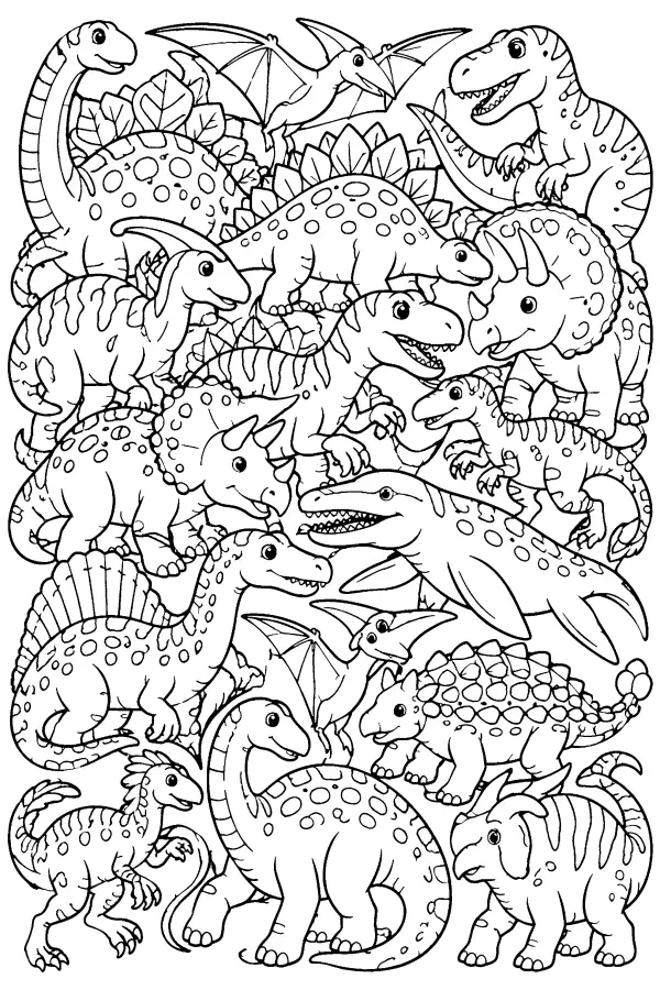 Dessin à colorier d’une foule dense de dinosaures