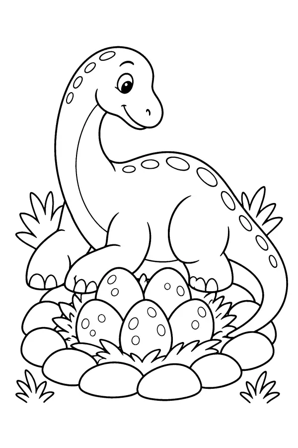 Dessin à colorier d’une mère dinosaure gardant son nid