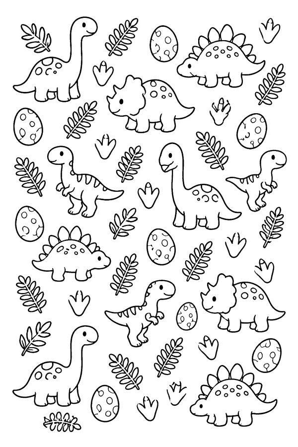 Coloriage motif de dinosaures œufs et empreintes