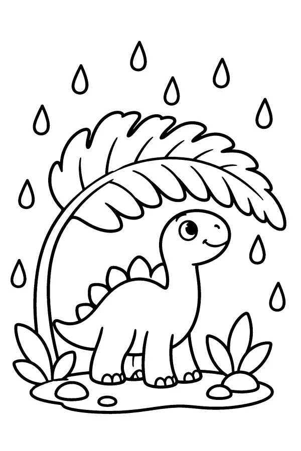 Coloriage facile d’un petit dinosaure sous une fougère