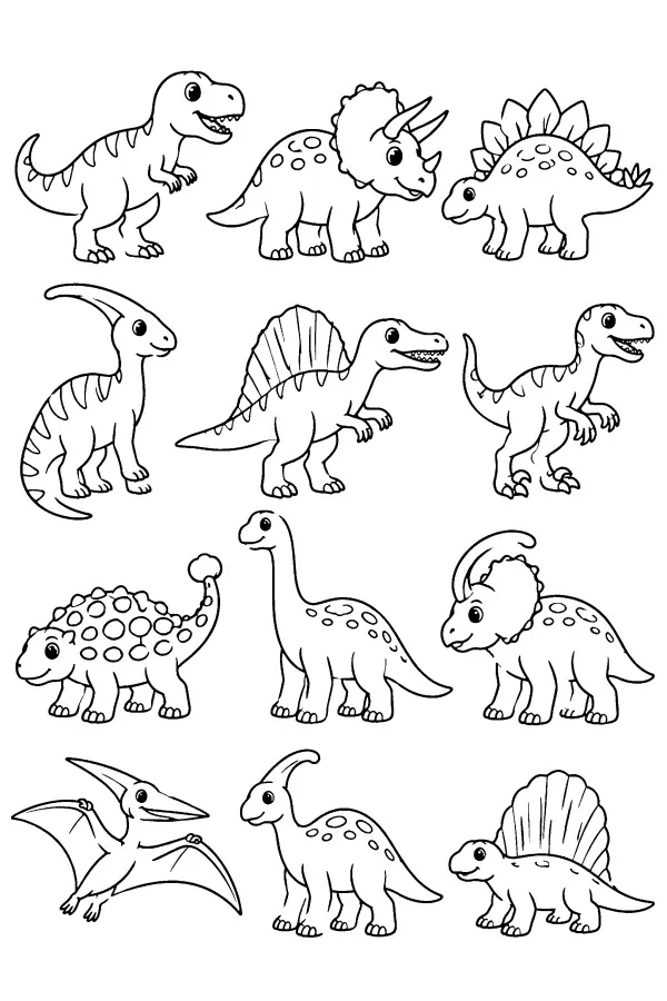 Dessin à colorier d’une grille de douze dinosaures