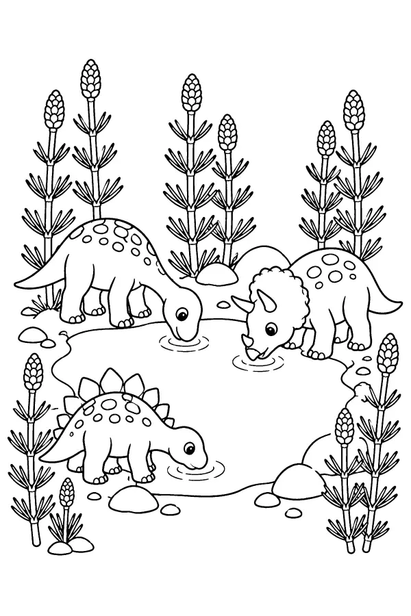 Coloriage de petits dinosaures buvant à un point d’eau