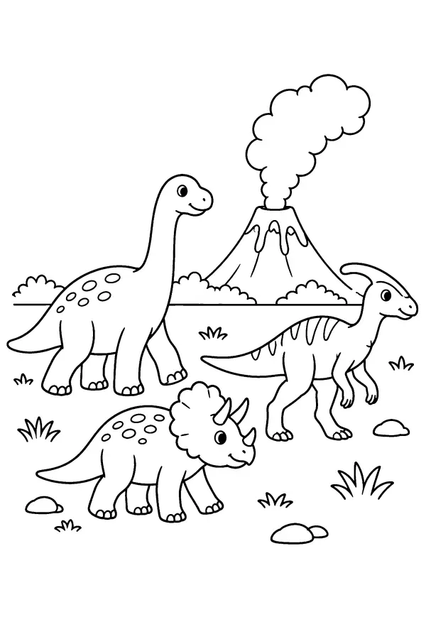 Dessin à colorier de dinosaures marchant devant un volcan