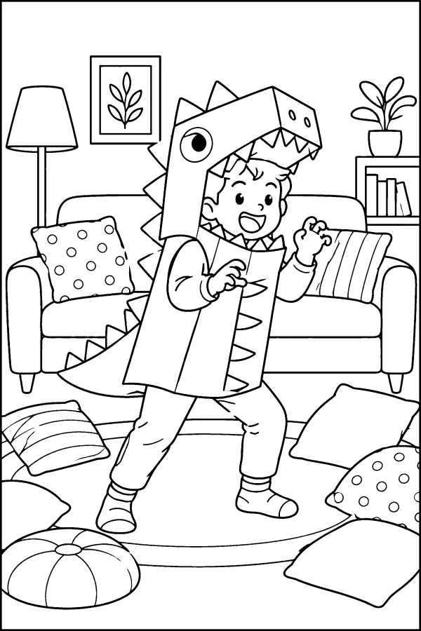 Coloriage d’enfant en costume de dinosaure dans le salon
