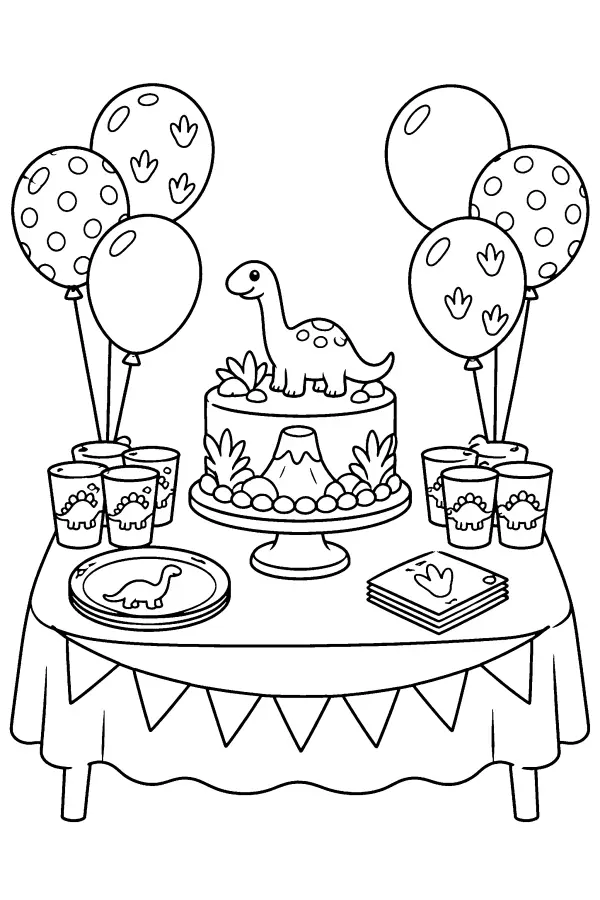 Dessin à colorier d’une table d’anniversaire thème dinosaure