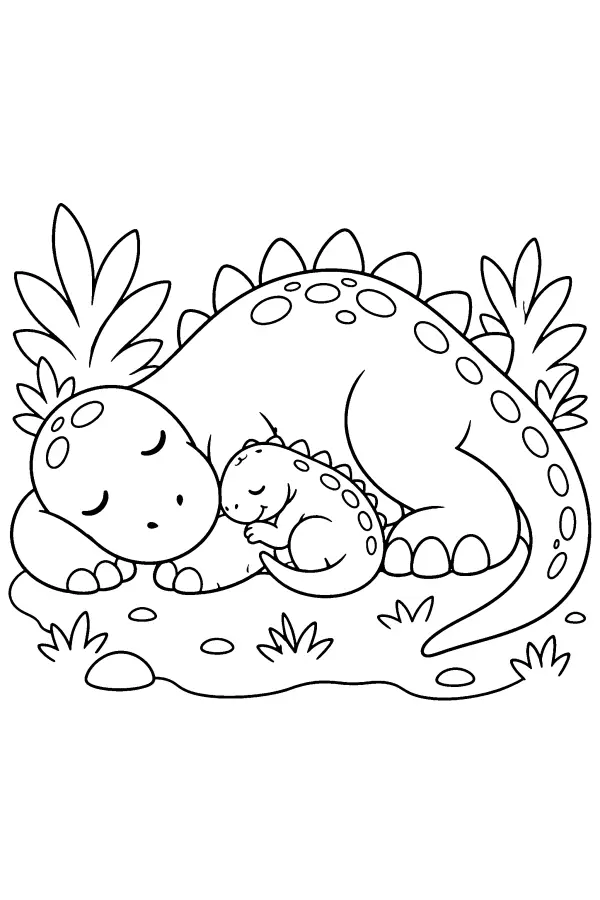 Coloriage de deux dinosaures qui dorment côte à côte