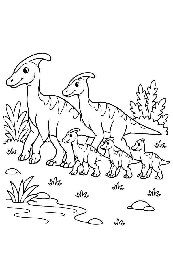 Coloriage d’une famille de dinosaures à bec de canard