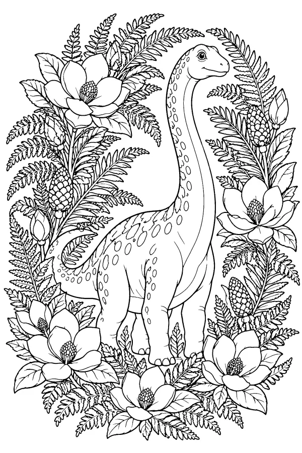 Coloriage détaillé d’un dinosaure à long cou dans une couronne