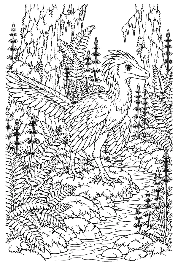 Coloriage détaillé d’un dinosaure à plumes près d’un ruisseau