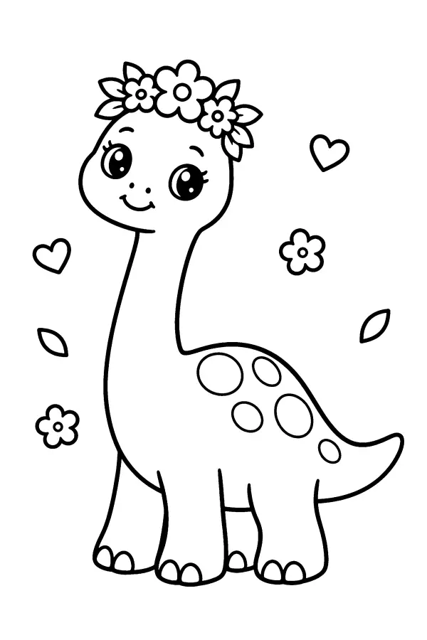 Coloriage d’un dinosaure à long cou avec couronne de fleurs