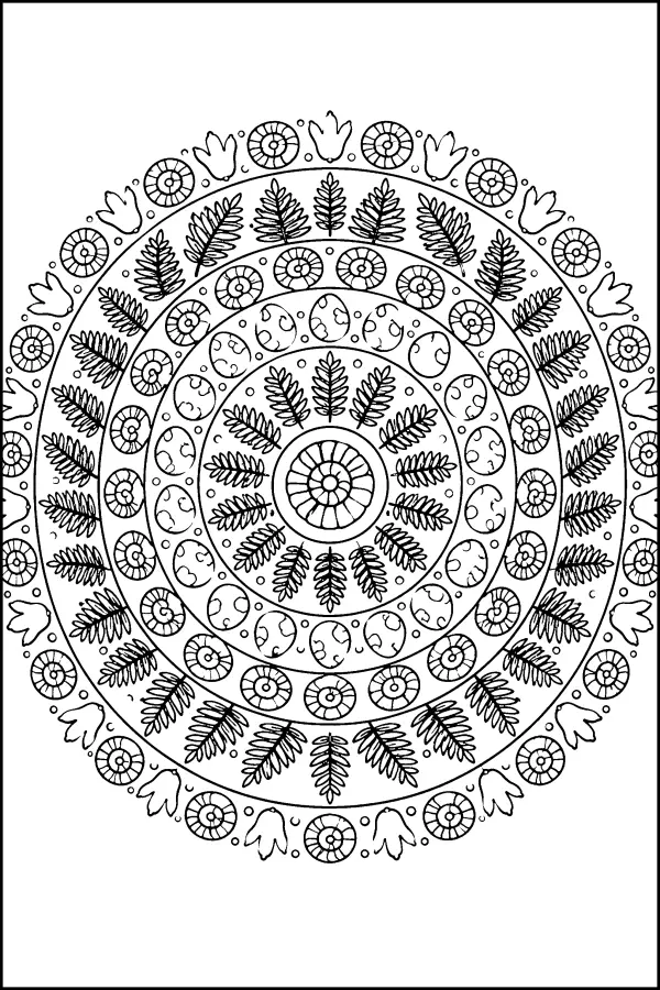 Coloriage détaillé mandala dinosaure empreintes et fougères