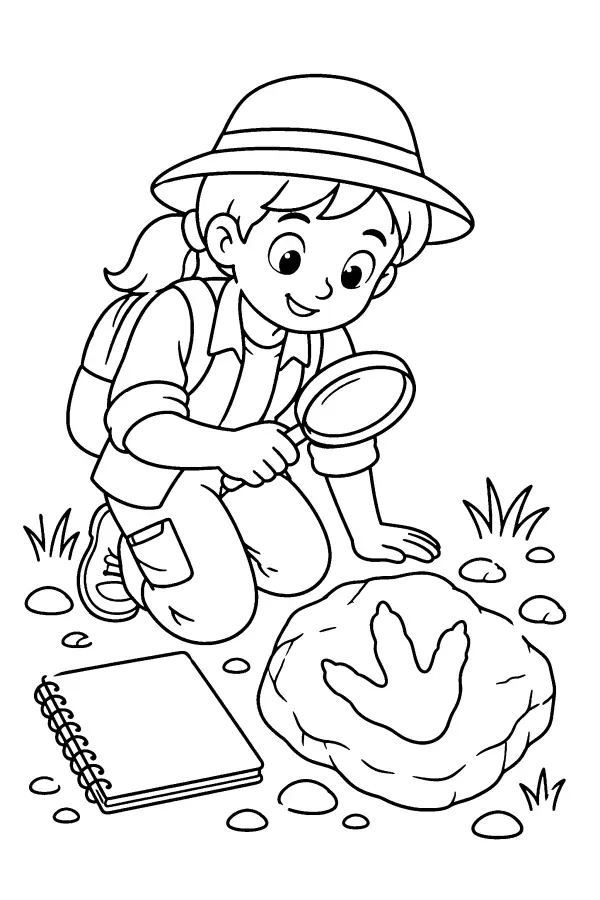 Coloriage d’enfant étudiant une empreinte de dinosaure
