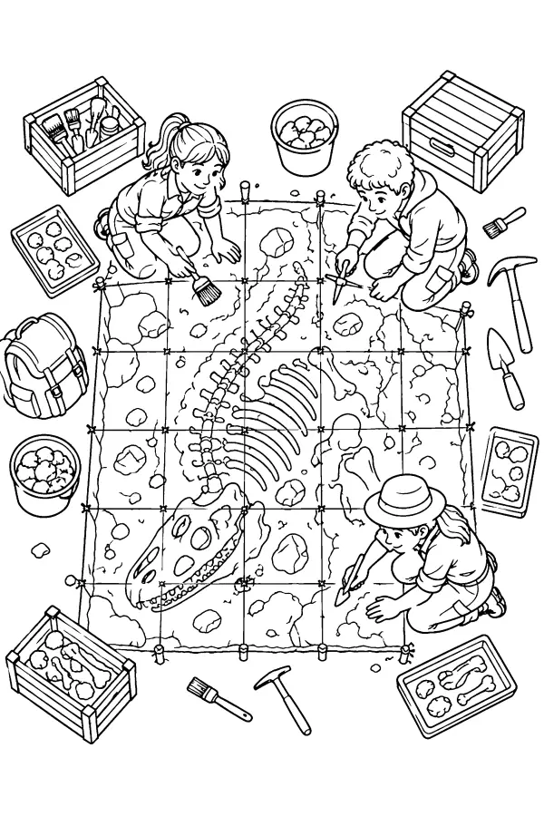 Coloriage détaillé d’un chantier de fossiles de dinosaure