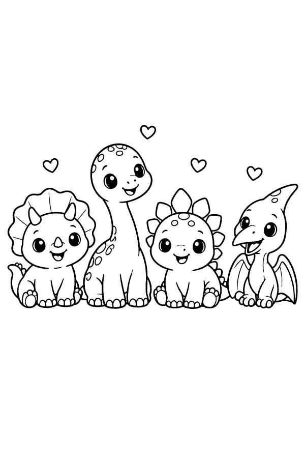 Dessin à colorier de quatre bébés dinosaures assis en rang