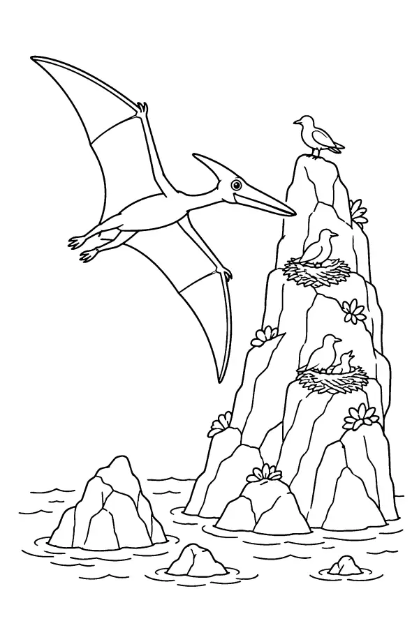 Coloriage d’un reptile ailé dinosaure au-dessus de la mer