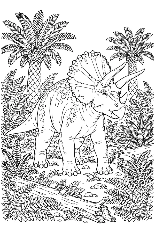 Coloriage détaillé d’un dinosaure à trois cornes en clairière