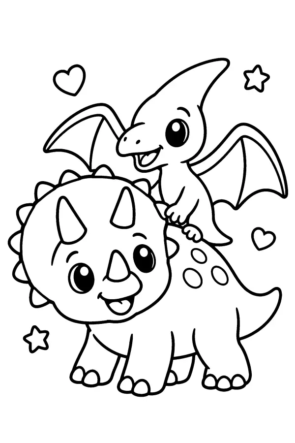 Coloriage de dinosaure à cornes et reptile ailé ami