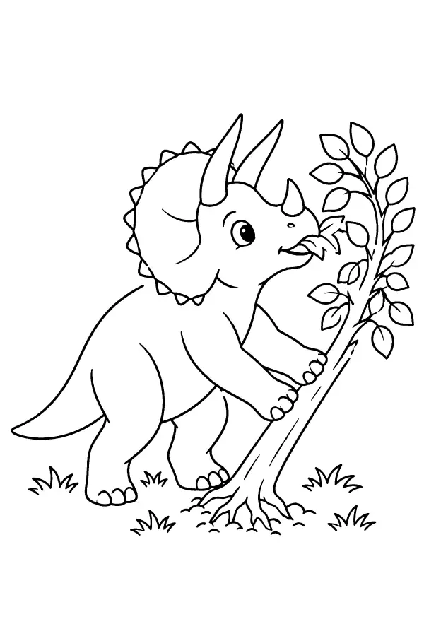 Dessin à colorier d’un dinosaure à cornes contre un arbre