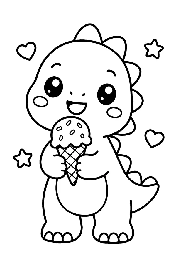 Coloriage facile d’un dinosaure tenant un cornet de glace
